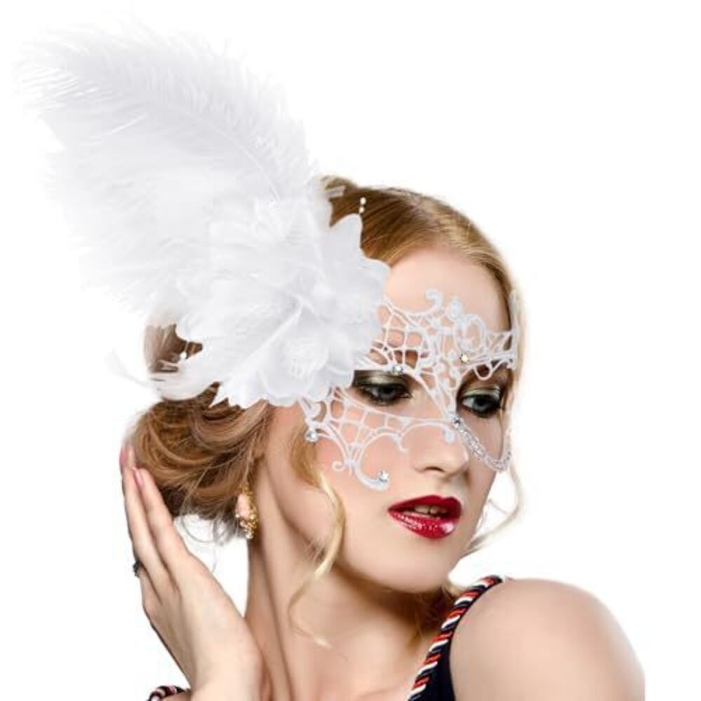 2202 White Masquerade Masks - Elegant 1920s Feather Lace Mask with Shiny